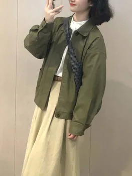 Корейская уличная Женская короткая куртка, пальто, однотонная ветровка с длинным рукавом, женская весенне-осенняя куртка-бомбер Harajuku